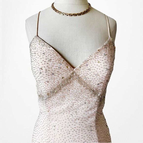 Vintage Pink Peach Beaded Thigh High Slit Fit Maxi Formal Prom Dress Size M - Picture 4 of 7